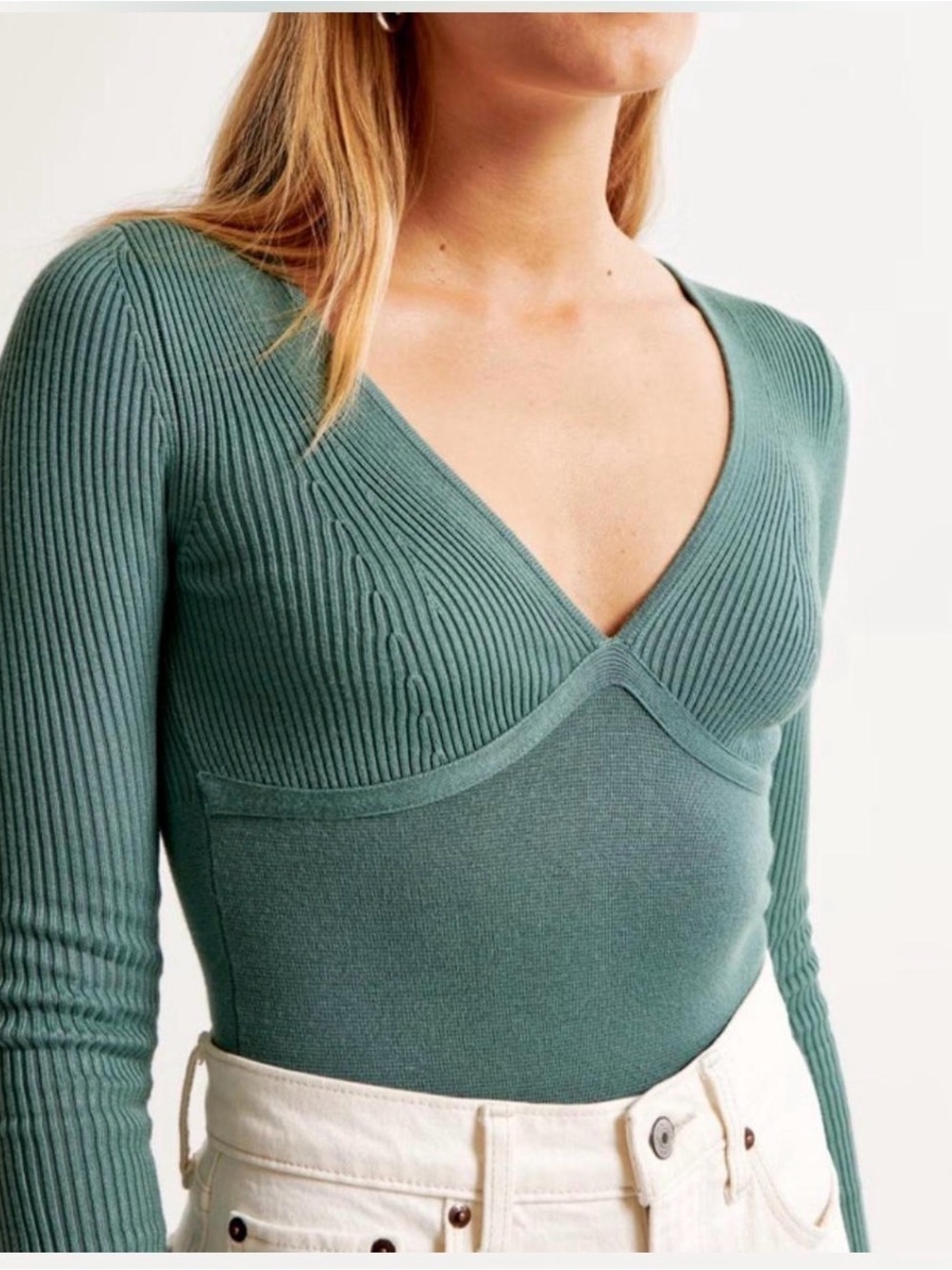 Abercrombie & Fitch Ribbed V-Neck Bodysuit in Dusty Teal Green - Picture 2 of 7